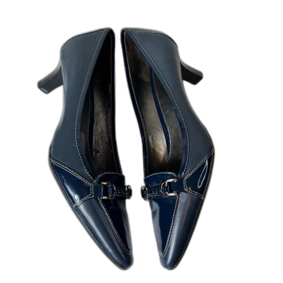 Joan & David Presley Navy Blue Leather Patent Leather Loafer Style Pumps Size 9M - Picture 8 of 15